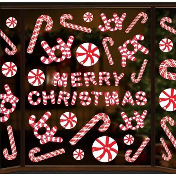 Large Christmas Window Clings Candy Window Decals Merry Christmas Joy Peppermint - Picture 1 of 8